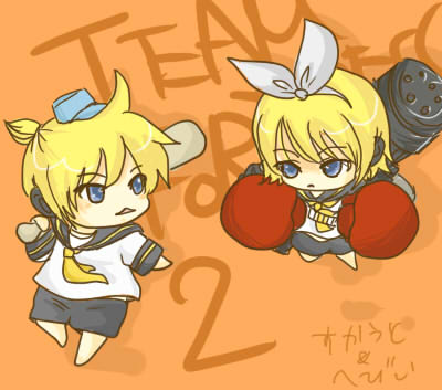 blonde_hair blue_eyes boxing_gloves chibi gatling_gun gun hair_ribbon headset kagamine_len kagamine_rin lowres parody ribbon team_fortress_2 the_heavy the_scout vitamin vocaloid weapon