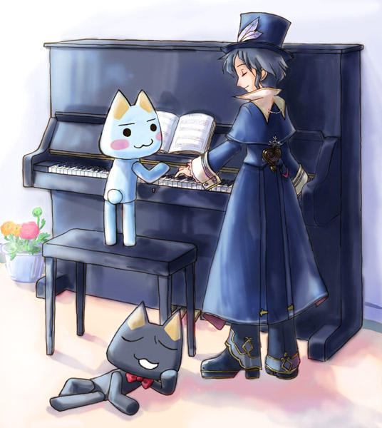 bad_id black_cat cat crossover doko_demo_issho frederic_chopin fuju inoue_toro instrument kuro_(doko_demo_issho) piano piano_bench trusty_bell upright_piano