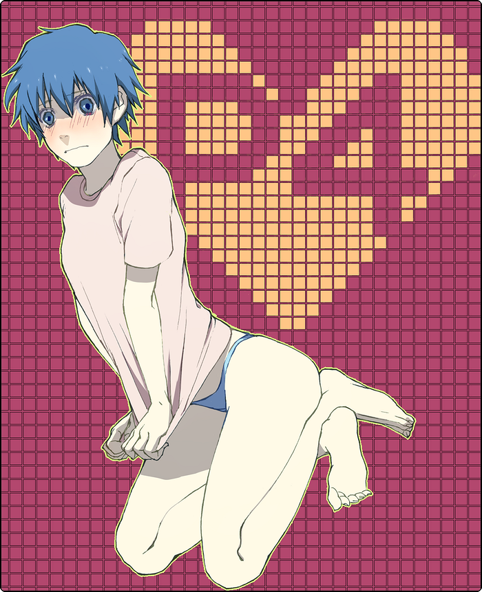 androgynous bad_id barefoot blue_hair blush feet persona persona_4 reverse_trap rosewhip shirogane_naoto short_hair solo