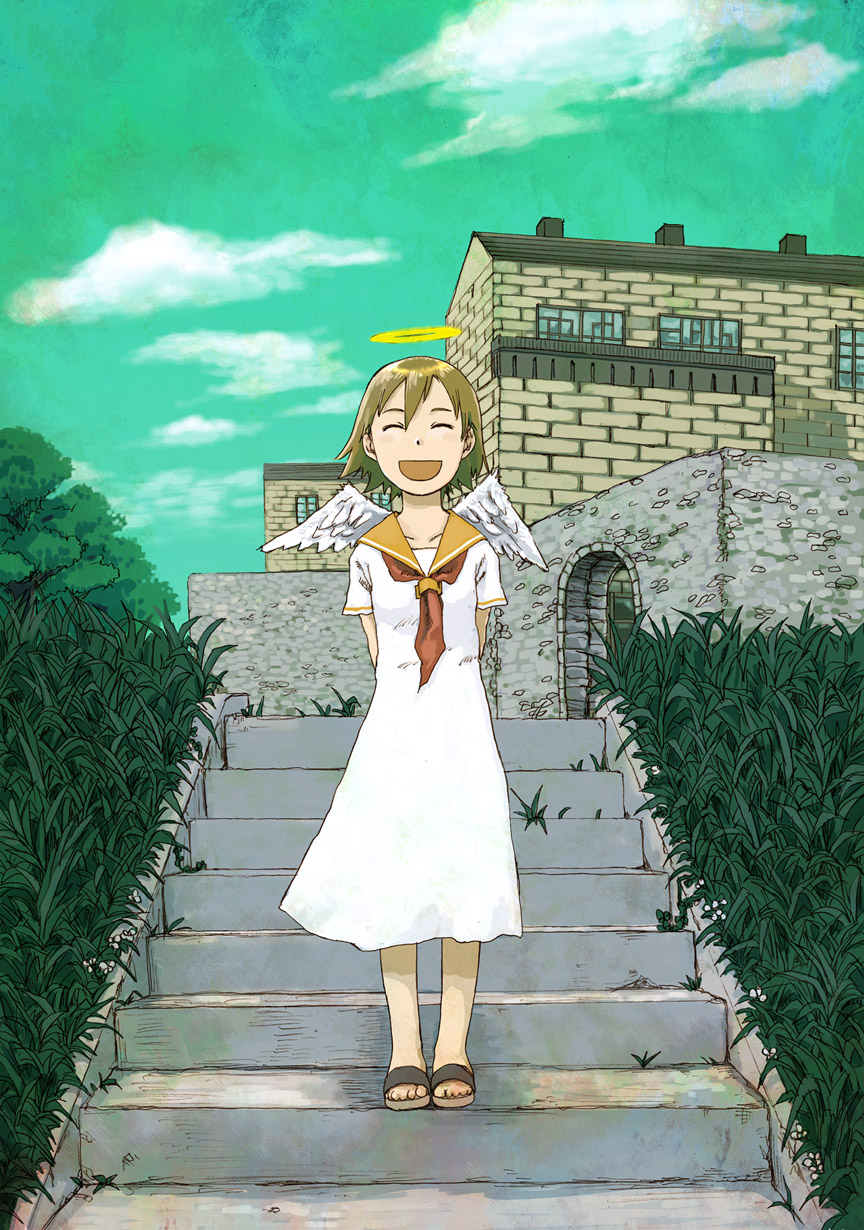 brown_hair child haibane_renmei halo happy highres naotan sandals short_hair stairs wings