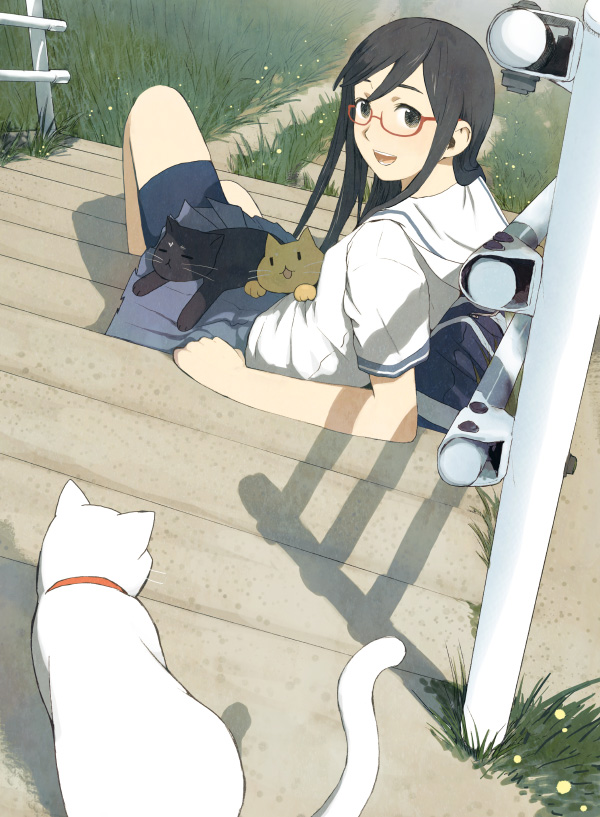 bike_shorts black_hair cat glasses grass green_eyes happy morifumi original school_uniform sitting skirt solo stairs too_many_cats