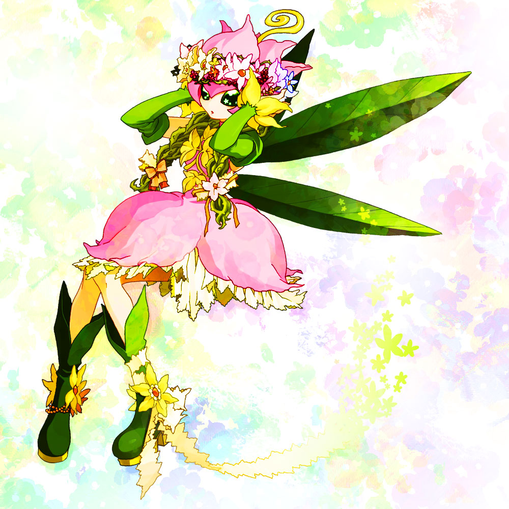 1girl bandai boots breasts digimon fairy fairy_wings female flower flying lillymon looking_at_viewer solo vanilla1034 wings