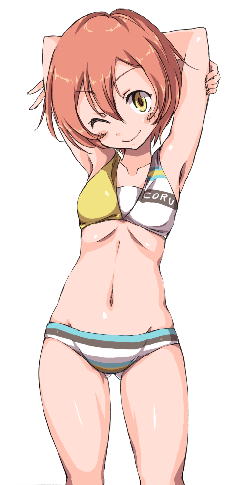 1girl armpits arms_behind_head arms_up bangs bikini blush breasts brown_hair closed_mouth collarbone eyebrows_visible_through_hair gluteal_fold hair_between_eyes hips hoshizora_rin looking_at_viewer love_live! love_live!_school_idol_project navel one_eye_closed sen_(sen0910) short_hair simple_background small_breasts smile solo striped striped_bikini swimsuit thighs v white_background yellow_eyes