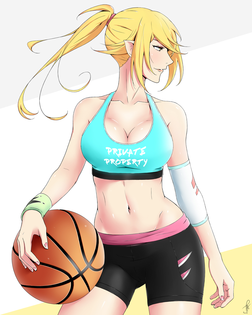 1girl bakemonogatari bare_shoulders basketball blonde_hair breasts cleavage collarbone j_adsen large_breasts long_hair midriff monogatari_(series) navel oshino_shinobu pixiv_manga_sample pointy_ears ponytail resized solo standing tank_top wrist_band yellow_eyes