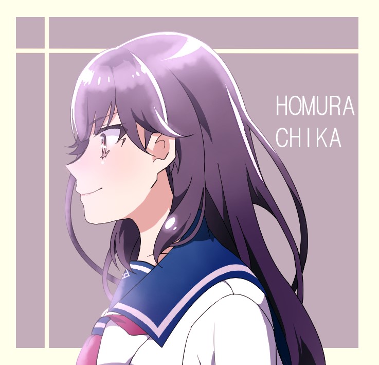 1girl character_name haruchika homura_chika long_hair pink_eyes purple_background purple_hair school_uniform smile