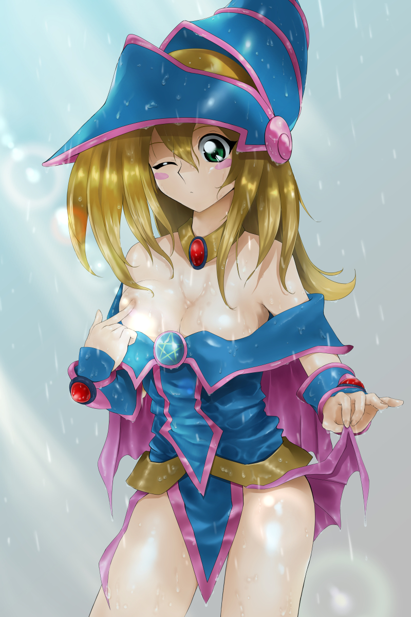 1girl bare_legs bare_shoulders blonde_hair blush_stickers breasts cowboy_shot dark_magician_girl duel_monster green_eyes hat highres lens_flare long_hair love_(pspdspsp) magical_girl one_eye_closed pentacle poking rain skirt skirt_lift solo water wet wet_clothes wink wizard_hat yu-gi-oh! yuu-gi-ou_duel_monsters