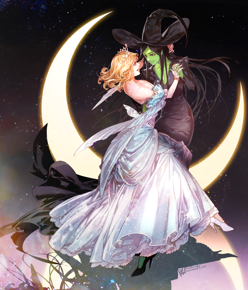 2girls bare_shoulders black_hair blonde_hair breasts cleavage dancing dress elphaba eye_contact glinda green_skin hand_holding hat looking_at_another moon multiple_girls oollnoxlloo tiara v-neck wicked witch witch_hat