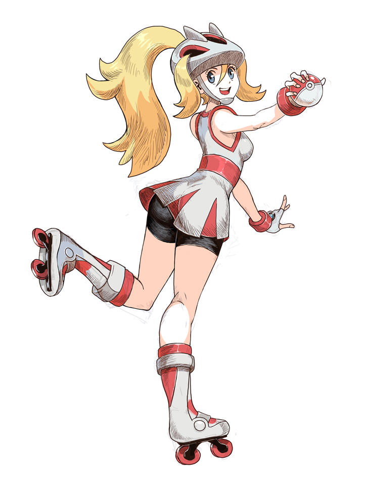 10s 1girl bike_shorts blonde_hair blue_eyes genzoman gym_leader helmet koruni_(pokemon) poke_ball pokemon pokemon_(game) pokemon_xy ponytail rollerskates solo