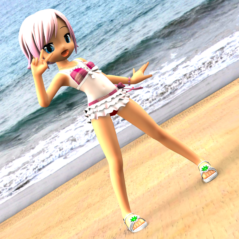 1girl 3d beach bikini character_request child looking_at_viewer open_mouth outdoors posing shiny shiny_hair shiny_skin short_hair swimsuit tagu-2 v