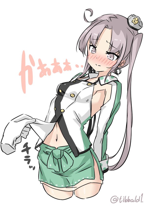 1girl ahoge armpits blush breasts ebifurya embarrassed floating_hand grey_eyes grey_hair hair_ornament hair_ribbon kantai_collection leaning_back long_hair looking_down midriff military military_uniform payot ribbon shirt_lift side_ponytail simple_background small_breasts solo twitter_username uniform white_background