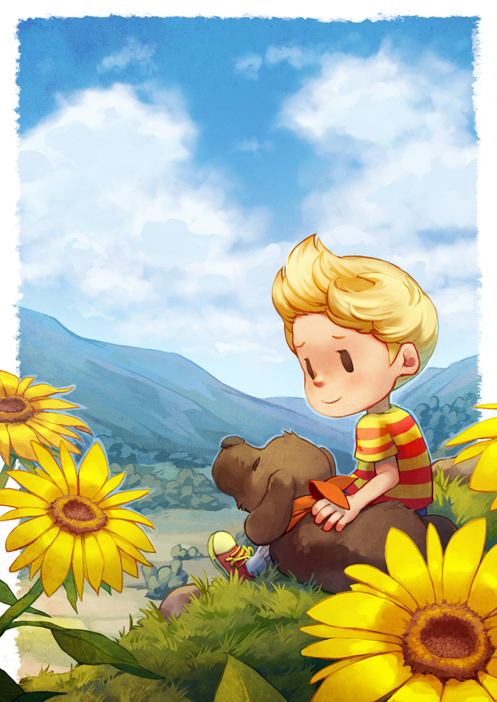 1boy blonde_hair boney clouds dog flower lucas mother_(game) mother_(series) mother_3 niko_geyer nintendo outdoors short_hair sitting