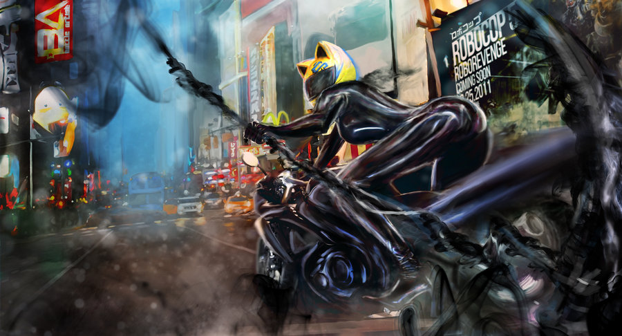 1girl animal_ears ass building car cat_ears celty_sturluson city durarara!! ground_vehicle helmet high_heels latex mcdonalds motor_vehicle motorcycle_helmet robocop scythe skin_tight solo street