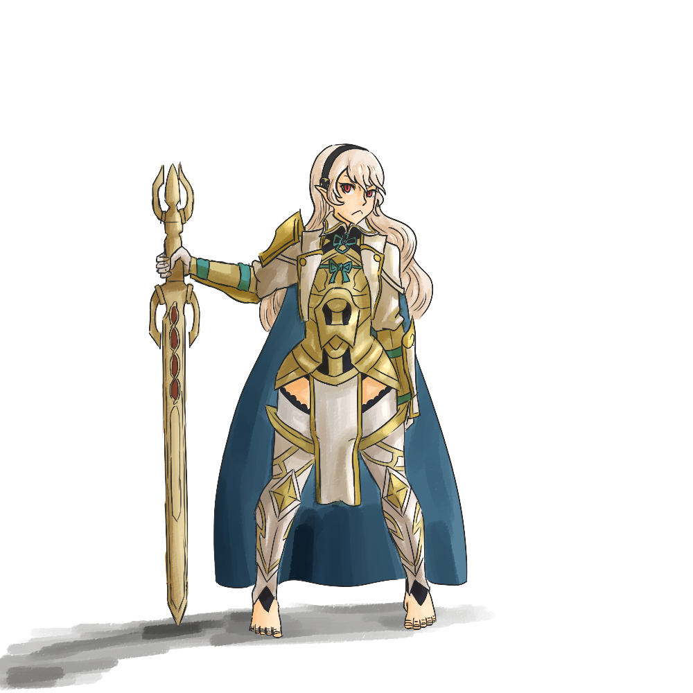 1girl :&lt; alternate_costume armor barefoot cape fire_emblem fire_emblem_if full_body hairband looking_at_viewer moonono my_unit_(fire_emblem_if) nintendo pelvic_curtain pointy_ears solo sword sword_plant toes