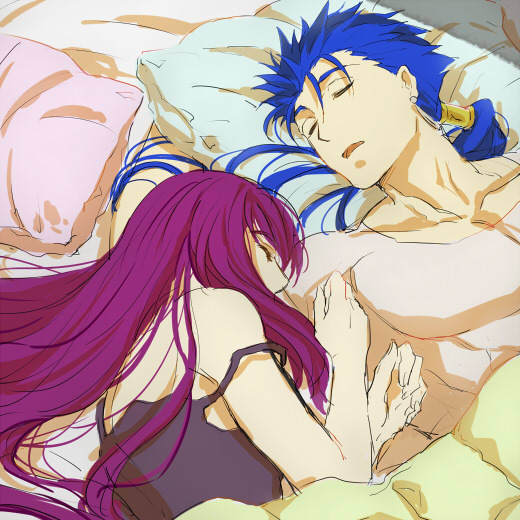 1boy 1girl bare_shoulders blue_hair breasts closed_eyes fate/grand_order fate/stay_night fate_(series) jewelry lancer long_hair necklace open_mouth pillow purple_hair scathach_(fate/grand_order) sleeping topless