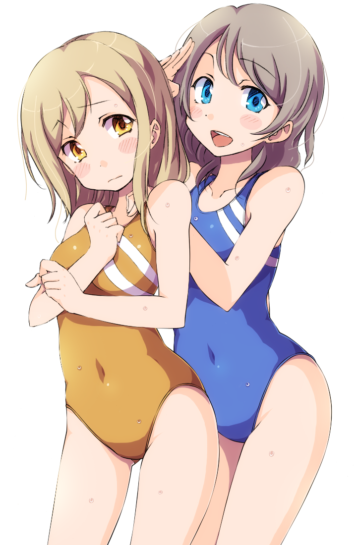 2girls 3: bangs blonde_hair blue_eyes blue_swimsuit blush breasts closed_mouth competition_swimsuit cowboy_shot eyebrows_visible_through_hair gluteal_fold grey_hair hand_up kunikida_hanamaru looking_at_another looking_at_viewer love_live! love_live!_school_idol_project love_live!_sunshine!! medium_breasts multiple_girls one-piece_swimsuit open_mouth salute sen_(sen0910) simple_background smile swept_bangs swimsuit teeth watanabe_you wavy_hair wet white_background yellow_eyes yellow_swimsuit