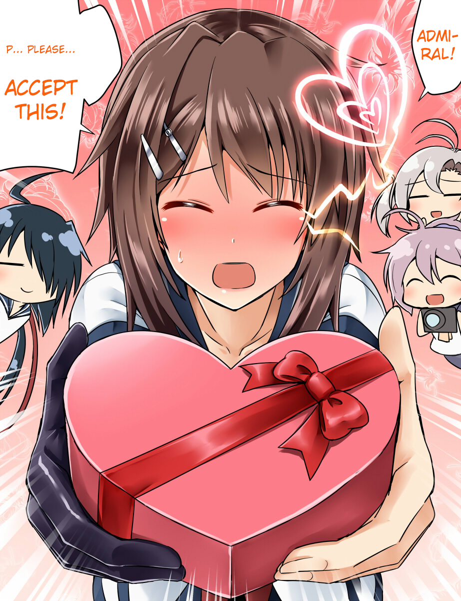 4girls =_= ^_^ ^o^ ahoge aoba_(kantai_collection) black_gloves black_hair blush bow box box_of_chocolates brown_hair camera closed_eyes collarbone emphasis_lines furutaka_(kantai_collection) gloves hair_ornament hairclip hard_translated heart heart-shaped_box highres incoming_gift kako_(kantai_collection) kamelie kantai_collection kinugasa_(kantai_collection) laughing looking_at_viewer multiple_girls open_mouth outstretched_arms pink_hair red_bow ribbon school_uniform shirt short_hair sweat translated upper_body valentine white_hair white_shirt