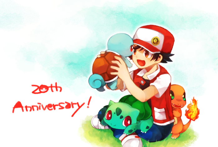 1boy anniversary black_hair bulbasaur charmander hat pokemon pokemon_(game) red_(pokemon) red_eyes rigu_(what_will_be_will_be!) sitting squirtle