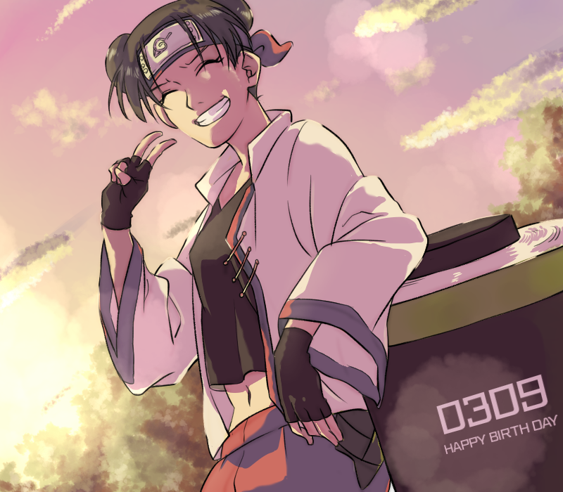 1girl artist_request black_hair closed_eyes double_bun female fingerless_gloves forehead_protector gloves midriff naruto naruto_shippuuden navel open_clothes outdoors scroll smile solo sunset tenten v