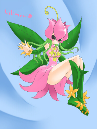 1girl bandai bare_legs boots breasts digimon fairy fairy_wings female flower legs lillymon looking_at_viewer solo wings ygm