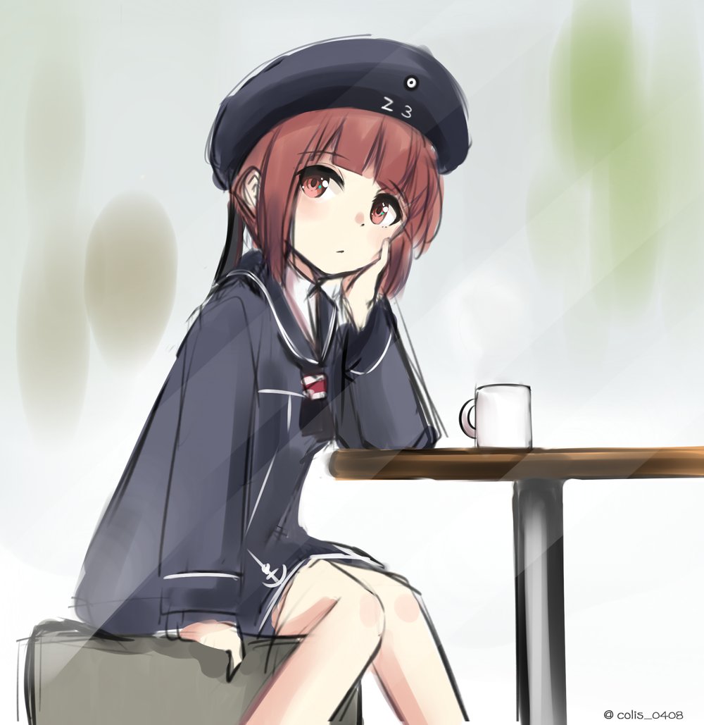1girl brown_eyes brown_hair colis_(regunm772) cup dress hand_on_own_face hat kantai_collection sailor_dress sailor_hat short_hair table twitter_username z3_max_schultz_(kantai_collection)
