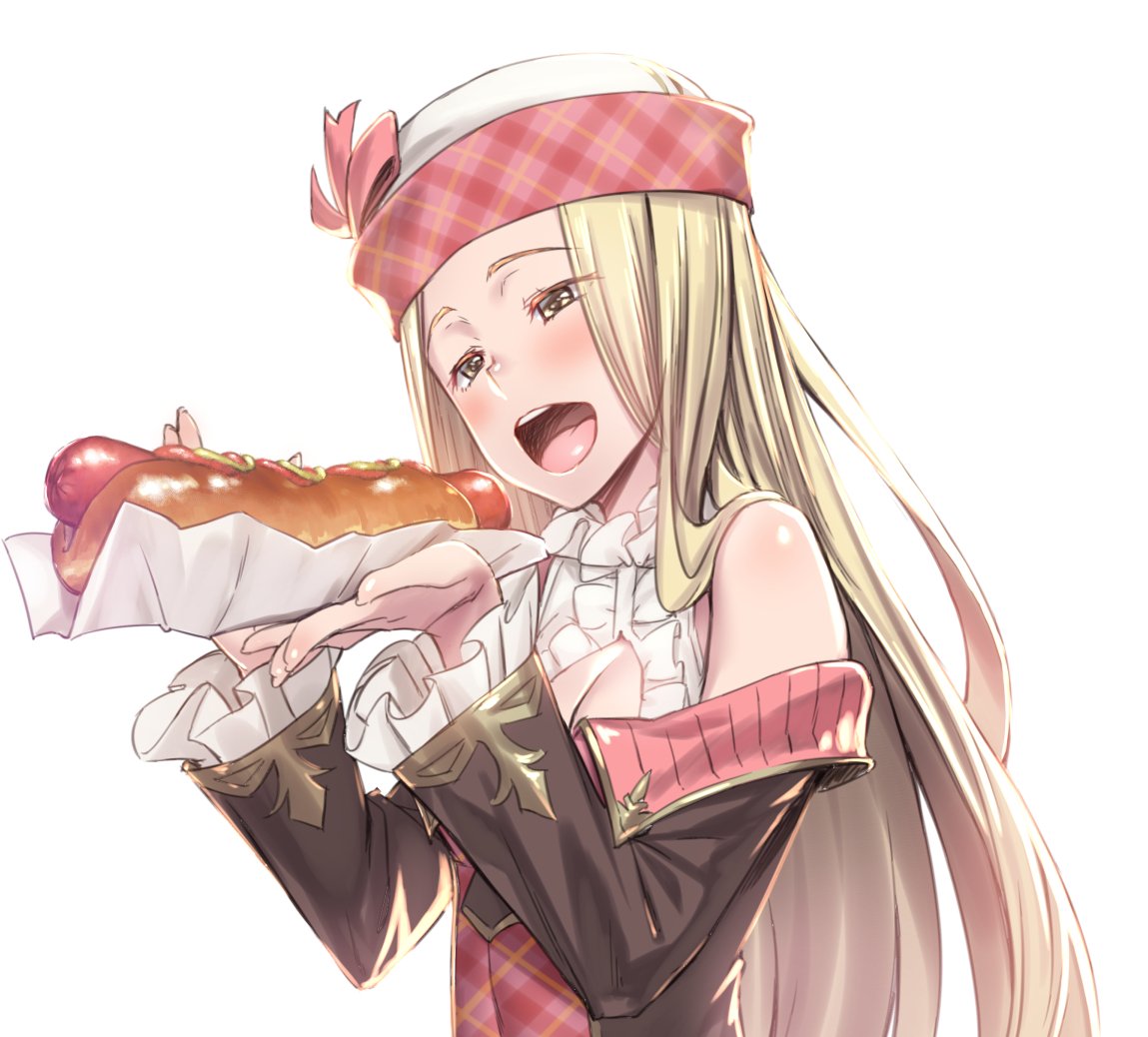 1girl artist_request bare_shoulders black_necktie blonde_hair blush breasts brown_eyes center_frills cleavage cleavage_cutout diola_(granblue_fantasy) granblue_fantasy hat hotdog long_hair necktie sausage sexually_suggestive simple_background solo_focus white_background