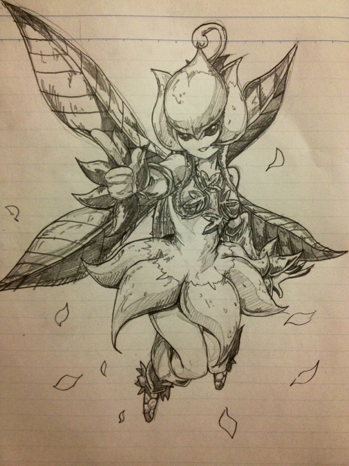 1girl bandai boots breasts digimon fairy fairy_wings female lillymon looking_at_viewer monochrome smile solo traditional_media wings zeke_(analogmon)