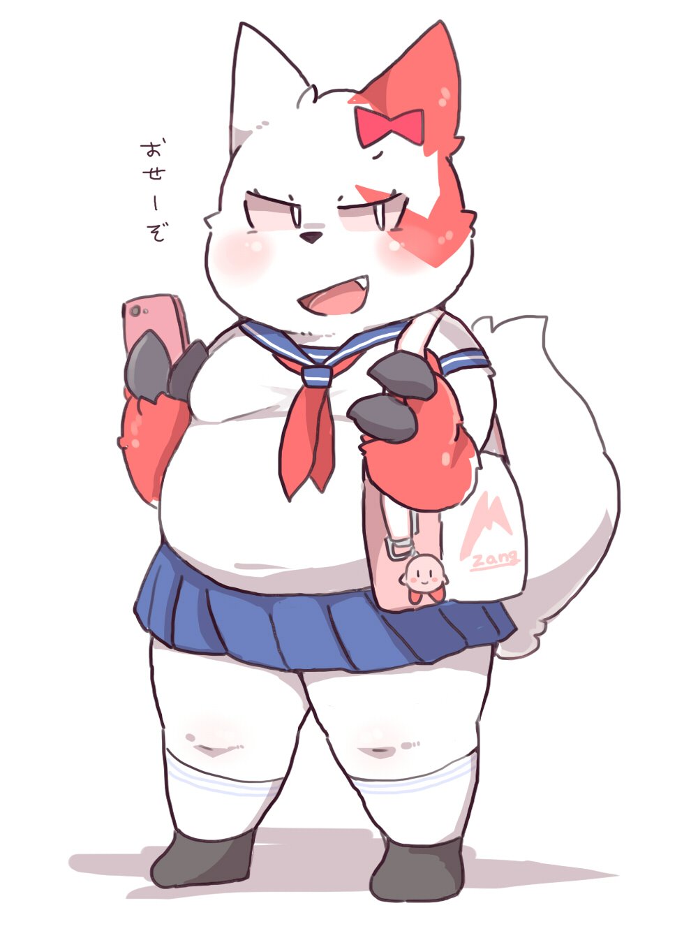 1girl black_eyes bow breasts briefcase cellphone female full_body kirby pokemon rntn_wkwk school_uniform simple_background skirt smartphone socks solo uniform white_background zangoose