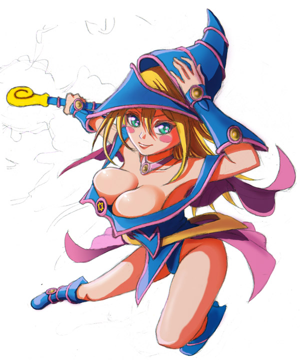 1girl bare_legs bare_shoulders blonde_hair boots breasts dark_magician_girl duel_monster female hat highres large_breasts legs long_hair magical_girl moz_(gosgo) skirt smile solo wand wizard_hat yu-gi-oh! yuu-gi-ou_duel_monsters