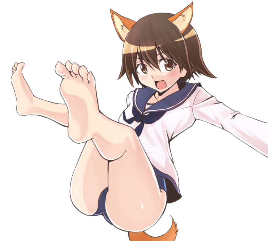 1girl animal_ears barefoot brown_hair feet female liar_lawyer miyafuji_yoshika open_mouth red_eyes school_swimsuit school_uniform solo strike_witches swimsuit swimsuit_under_clothes tail toes white_background