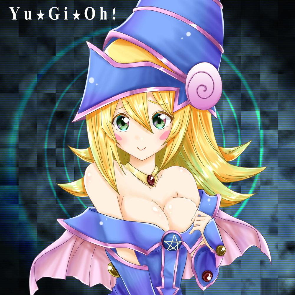 1girl bare_shoulders blonde_hair breasts crystal_clear dark_magician_girl duel_monster hat long_hair magical_girl shiny shiny_skin smile solo wizard_hat yu-gi-oh! yuu-gi-ou_duel_monsters