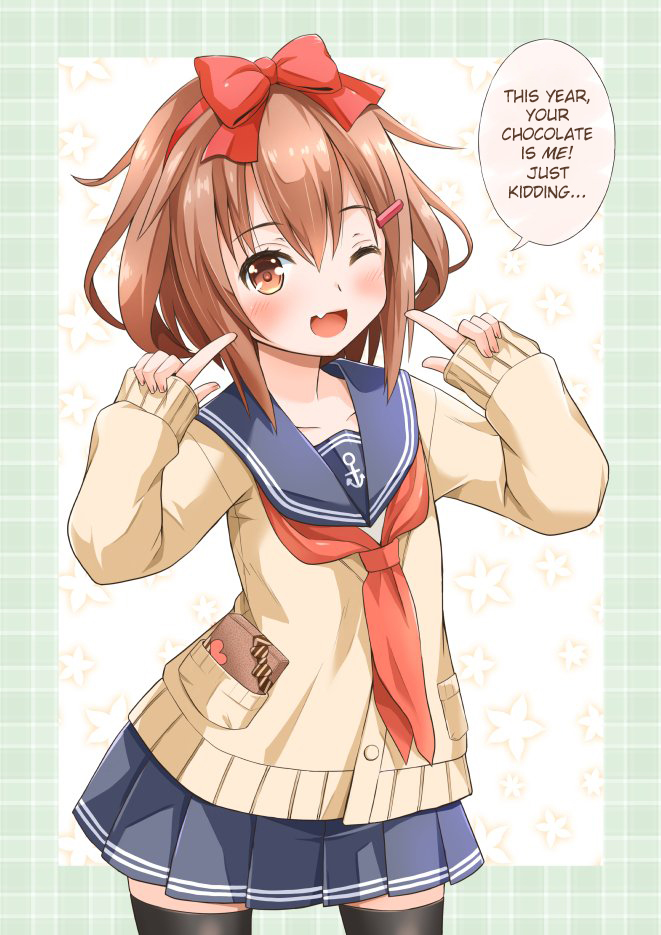 1girl ;d anchor_symbol blush bow brown_eyes brown_hair cardigan commentary_request fang fujishima_shinnosuke gift hair_bow hair_ornament hairclip hard_translated heart ikazuchi_(kantai_collection) kantai_collection looking_at_viewer neckerchief one_eye_closed open_mouth pointing pointing_at_self school_uniform serafuku short_hair skirt smile thigh-highs translated valentine