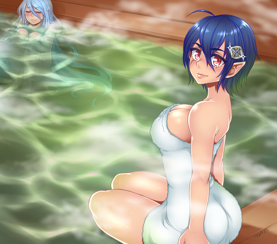 2girls ahoge aqua_(fire_emblem_if) ass bare_shoulders blue_hair blush breasts cleavage closed_eyes fire_emblem fire_emblem_if hair_ornament large_breasts long_hair looking_at_viewer looking_back multiple_girls my_unit_(fire_emblem_if) naked_towel nintendo nude onsen partially_submerged pointy_ears red_eyes short_hair sitting smile spewing_mews steam towel water