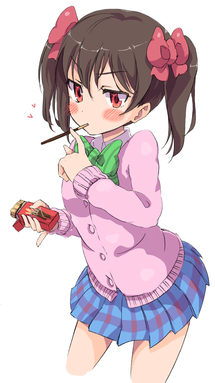 1girl bangs black_hair blue_skirt blush bow cardigan cropped_legs eyebrows_visible_through_hair food food_in_mouth hair_between_eyes hair_bow heart highres holding holding_food looking_at_viewer love_live! love_live!_school_idol_project mouth_hold pink_bow plaid plaid_skirt pleated_skirt pocky pocky_day pocky_kiss red_eyes sen_(sen0910) shared_food simple_background skirt solo twintails white_background yazawa_nico