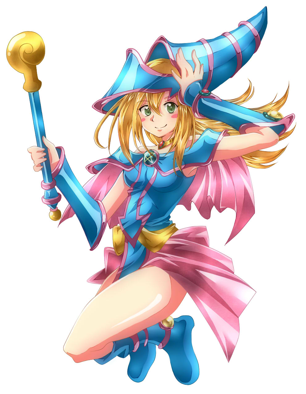 1girl artist_request bare_legs bare_shoulders blonde_hair boots breasts dark_magician_girl duel_monster female hat highres large_breasts legs long_hair magical_girl skirt smile solo wand wizard_hat yu-gi-oh! yuu-gi-ou_duel_monsters