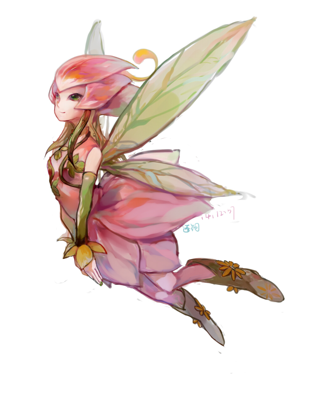 1girl bandai digimon dress fairy fairy_wings female flying kae_hokora lillymon nail_polish simple_background smile wings