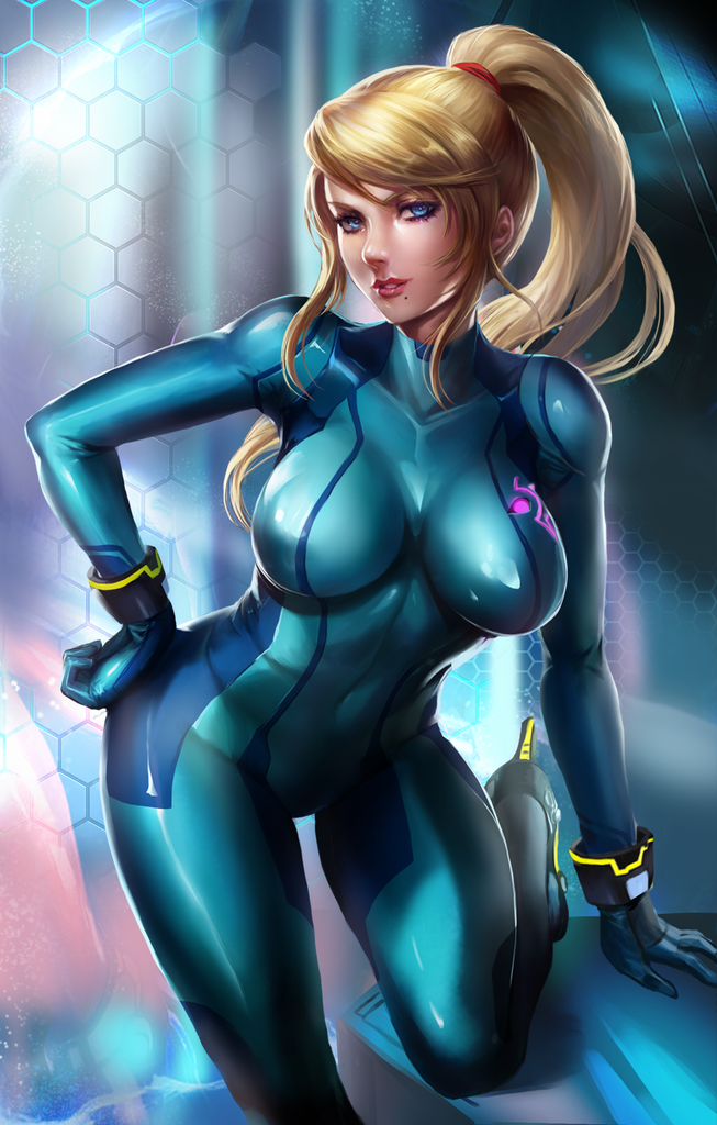 1girl beauty_mark blonde_hair blue_eyes bodysuit breasts elbow_gloves gloves highres large_breasts leaning_forward lips long_hair looking_at_viewer metroid mole navel parted_lips ponytail samus_aran shiny shiny_skin smile solo terufuu zero_suit