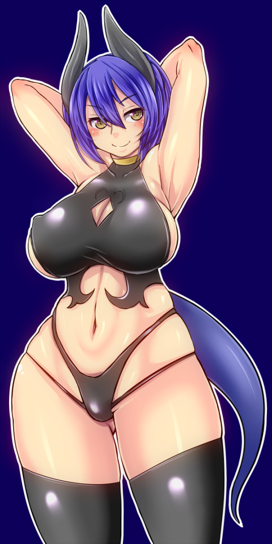 1girl armpits arms_behind_head arms_up black_legwear black_panties blue_hair blush breasts cleavage cleavage_cutout curvy erect_nipples female hand_behind_head horns large_breasts looking_at_viewer monster_girl nanashi_mushi navel panties plump shipo_aki short_hair sideboob simple_background smile solo standing tail thick_thighs thigh-highs underwear wide_hips yellow_eyes