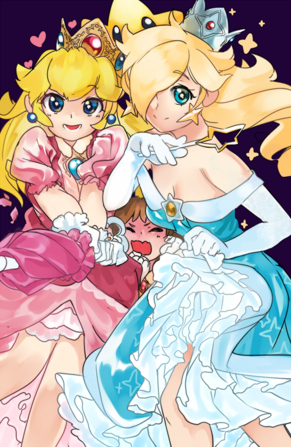 3girls bare_shoulders blonde_hair blue_dress brown_hair chiko_(mario) crown dress girutea looking_at_viewer multiple_girls nintendo pink_dress princess_daisy princess_peach rosetta_(mario) super_mario_bros. super_mario_galaxy super_mario_land