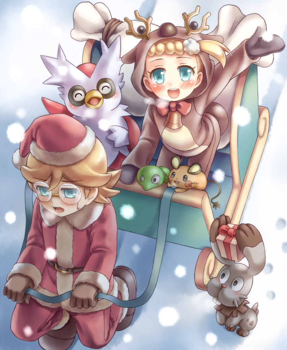 10s 1boy 1girl 2015 animal blonde_hair child citron_(pokemon) dedenne delibird eureka_(pokemon) nintendo open_mouth pokemon porocha present shiny shiny_hair shiny_skin shota sweat