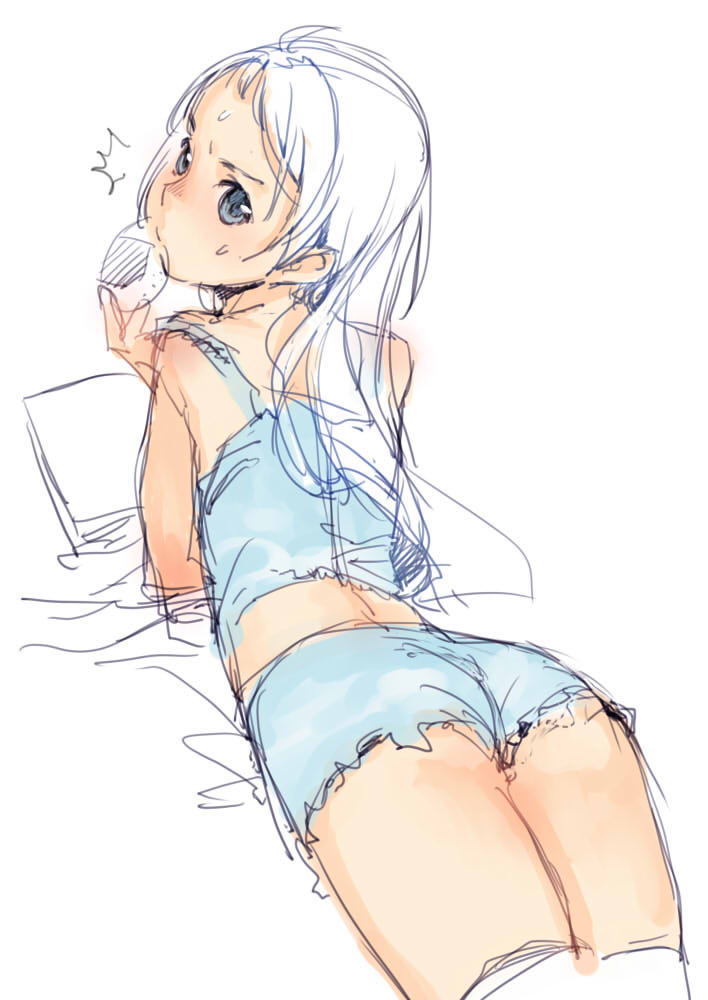 1girl ass blue_eyes branch_(blackrabbits) child female flat_chest long_hair looking_back lying on_stomach partially_colored reading sexually_suggestive shorts sketch solo thigh-highs white_background