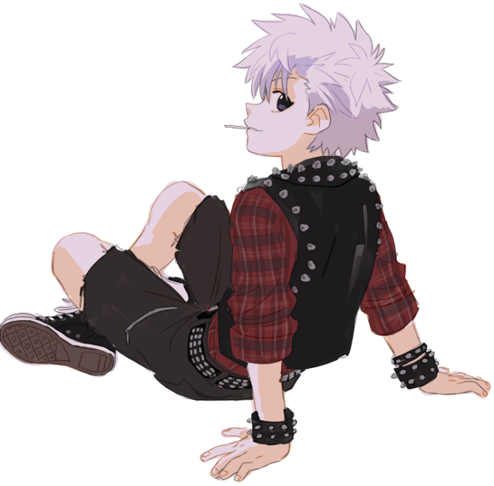 1boy brit child from_behind hunter_x_hunter killua_zoldyck male_focus simple_background sitting solo white_background