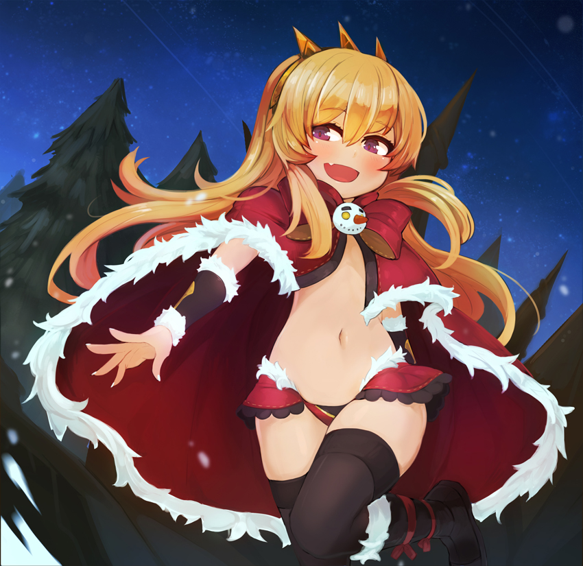 1girl :d bikini_bottom black_legwear cagliostro_(granblue_fantasy) cape fang flat_chest granblue_fantasy hairband looking_at_viewer mou_tama_maru navel open_mouth pine_tree sky smile solo star_(sky) starry_sky thigh-highs tree