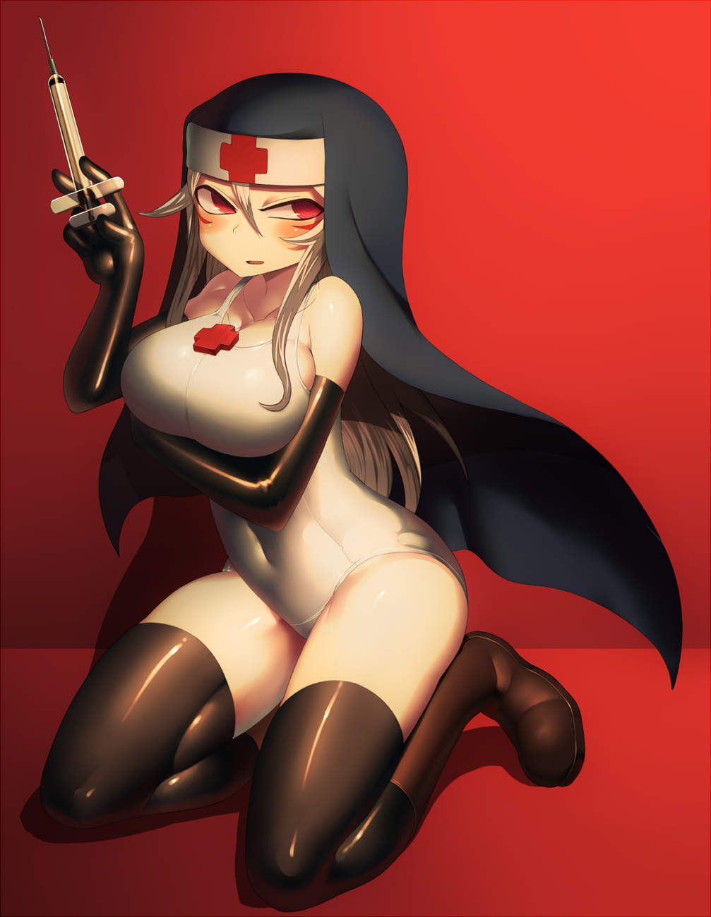 1girl @_@ black_gloves black_legwear breasts cross elbow_gloves facepaint gloves habit harau large_breasts long_hair needle nun open_mouth original red_eyes simple_background solo swimsuit syringe thigh-highs white_hair white_swimsuit