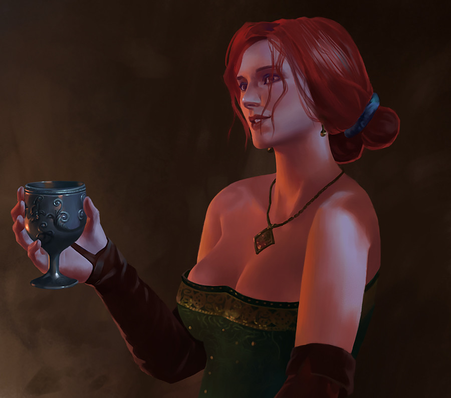 1girl breasts cleavage dress female green_dress hair_bun jewelry lips long_hair necklace realistic redhead the_witcher the_witcher_3 triss_merigold upper_body