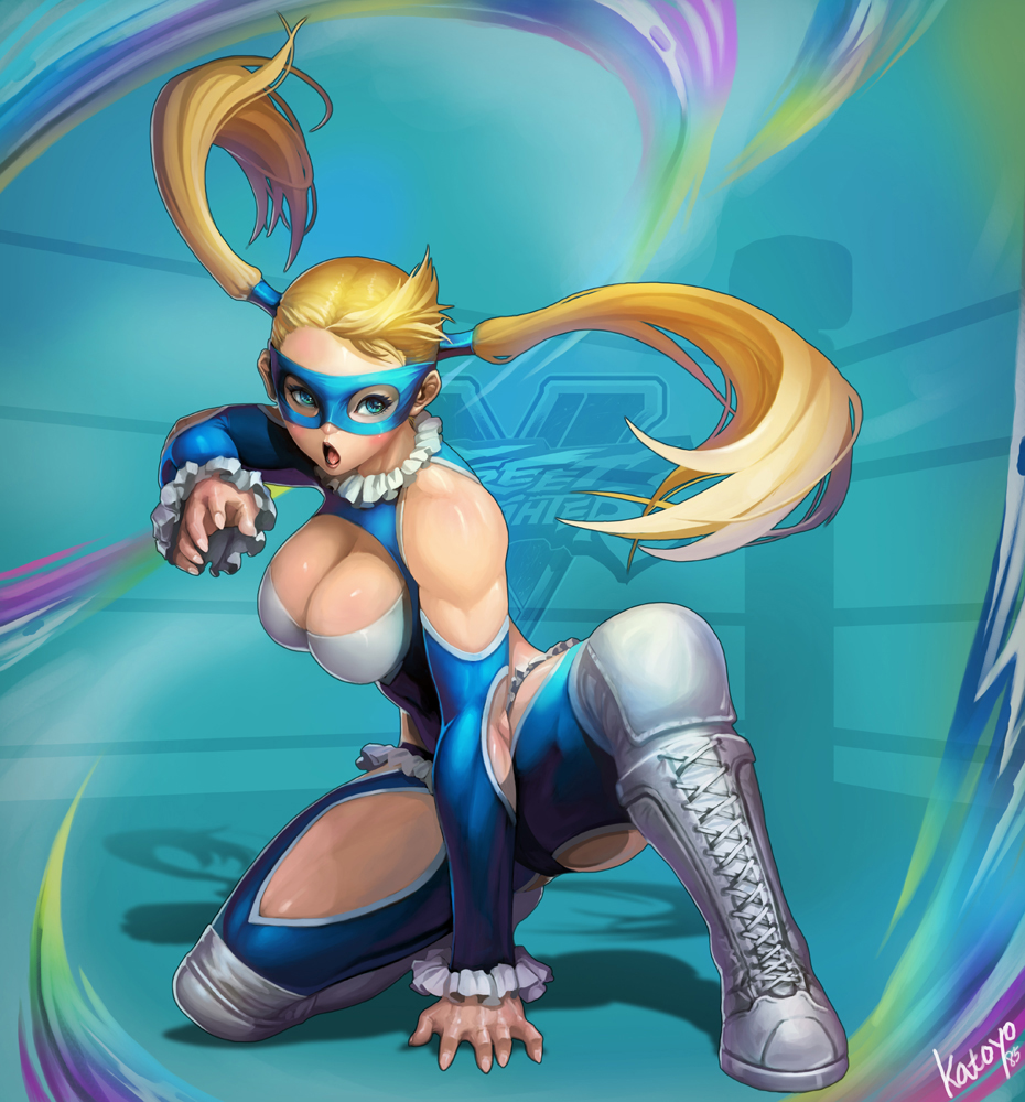 1girl bare_shoulders blonde_haie blonde_hair blue_eyes boots breasts cleavage katoyo85 knee_pads large_breasts leotard long_hair mask muscle rainbow_mika solo street_fighter street_fighter_v twintails wrestling_outfit wrestling_ring