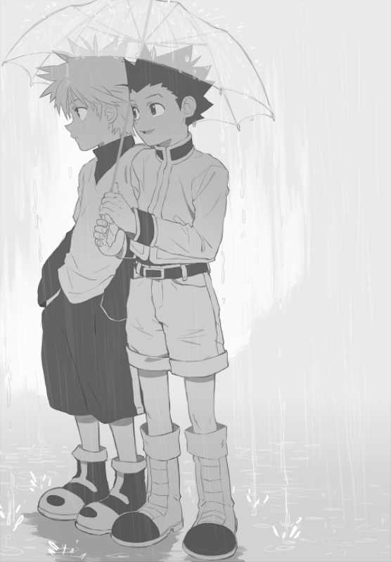 2boys brit child gon_freecss hunter_x_hunter killua_zoldyck male_focus monochrome multiple_boys outdoors rain standing transparent_umbrella umbrella