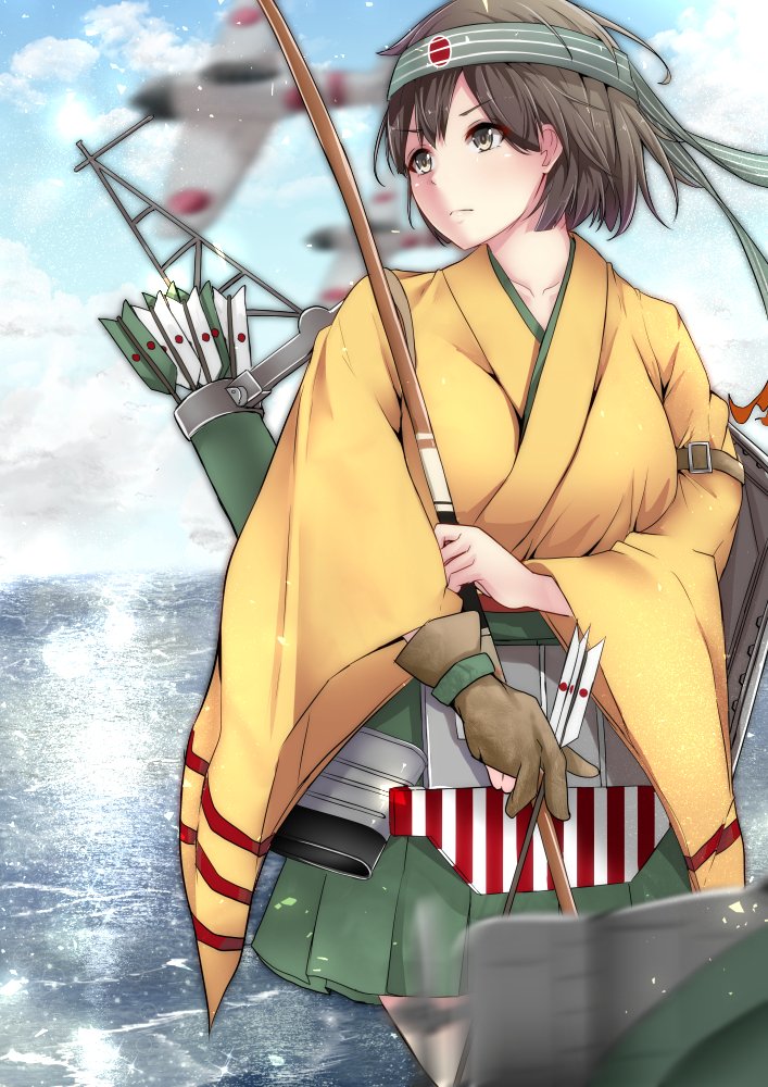 1girl aircraft airplane blue_sky blurry brown_hair clouds commentary_request cowboy_shot day depth_of_field flight_deck gloves green_hakama hakama hakama_skirt headband hiryuu_(kantai_collection) japanese_clothes kantai_collection kimono looking_to_the_side ocean one_side_up outdoors partly_fingerless_gloves quiver shohei_(piranha5hk) short_hair side_ponytail sky smoke solo yellow_kimono yugake