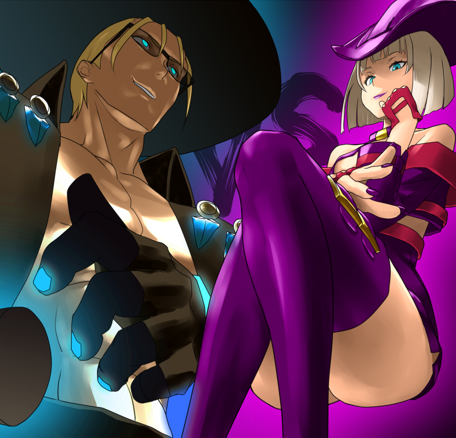 1boy 1girl alternate_color arc_system_works ass bare_shoulders blonde_hair blue_eyes boots breasts coat dress fingerless_gloves fingernails gloves glowing glowing_eyes grin guilty_gear hat i-no johnny_(guilty_gear) leather leather_boots legs_crossed nail_polish platinum_blonde rokuro sharp_fingernails short_dress short_hair smile sunglasses thigh_boots witch_hat zaki_(narashigeo)