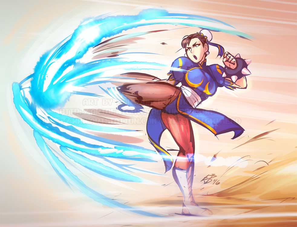 1girl aura black_hair boots capcom chinese_clothes chun-li enrique_bolatre kick open_mouth pantyhose solo spiked_bracelet street_fighter thick_thighs