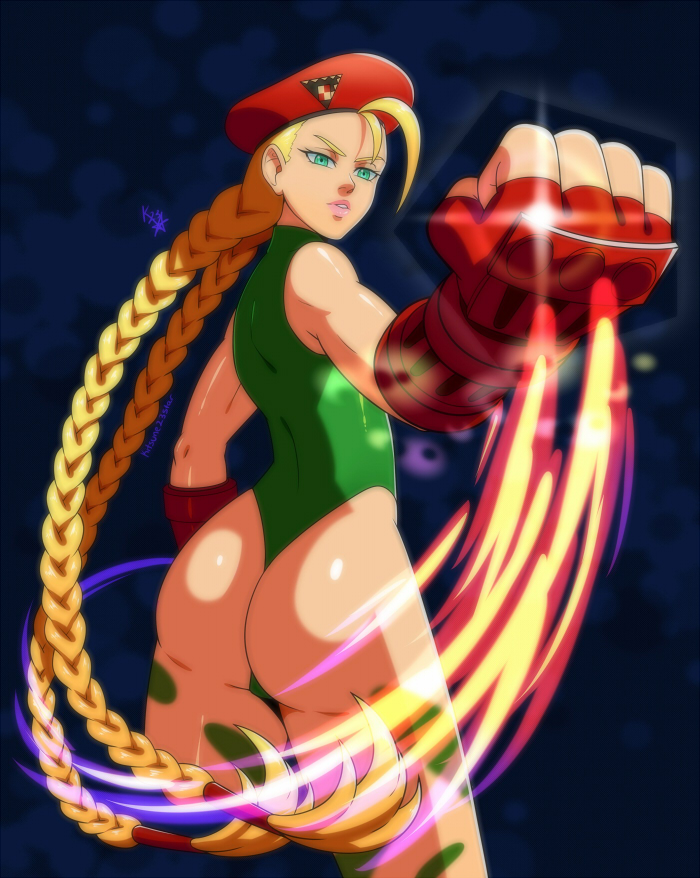 1girl ahoge ass beret blonde_hair blue_eyes braid cammy_white capcom hat kitsune23star leotard long_hair looking_at_viewer parted_lips solo street_fighter tattoo twin_braids